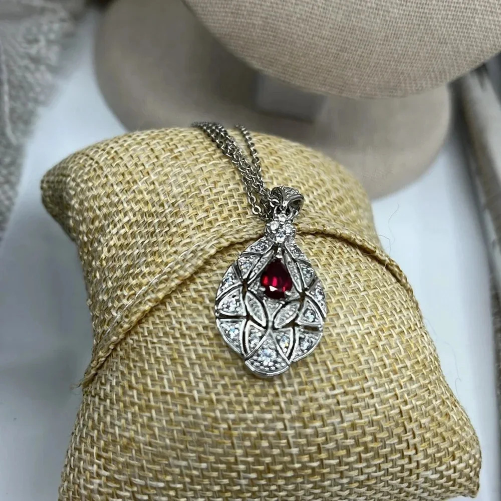 Vintage QVC Diamonique Garnet Necklace - Sterling Silver 925 - Picture 6 of 17